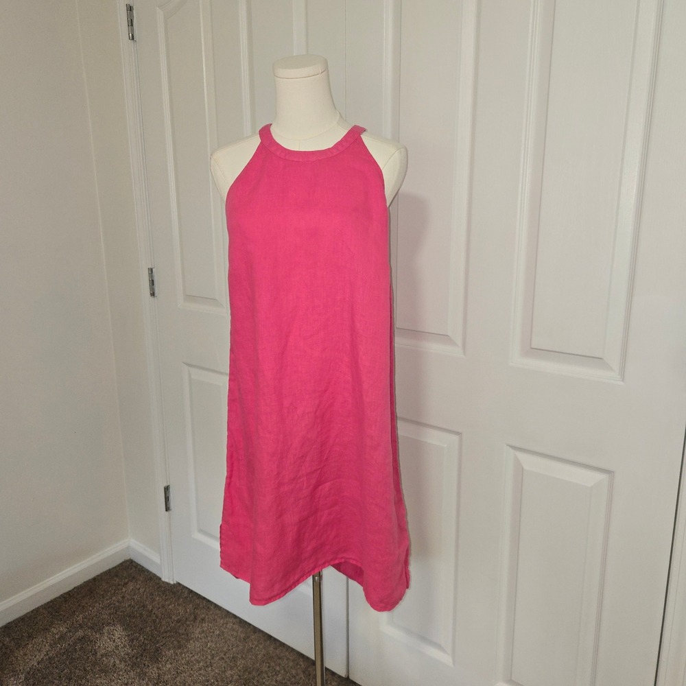 C&C California Shift Dress Womens L Pink 100% Linen Halter High-Low Hem 9690
